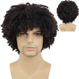 Peruk gnimegil sentetik afro kıvırcık saç peruk için patlama ile adam peruk kısa doğal saç erkek peruk 80s kostüm cadılar bayramı peruk cosplay peruk