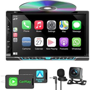 7 -дюймовая автомобильная стереосистема с Carplay/Android Auto, автомобильное радио с сенсорным экраном с DVD -плеер, Bluetooth, резервная камера, зеркальная ссылка, сабвуфер, USB, Aux вход