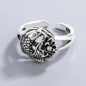 Ringas de cluster Antigo Lotus peixe anel de prata Boca de prata Lucky Koi Ethnic Style Jóias femininas Amigo Amor Família Presente