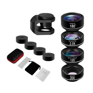 Filtreler Telefon Kamera Lens Kiti 4 İçinde 1 180 Derece Balık gözü Geniş Açılı lens 20x Makro Lens 2.0x Telefoto lens İPhone Android Akıllı Telefon