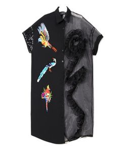 Kadınlar yaz artı beden siyah organze gömlek elbise yarım kol çiçek yamaları bayan gündelik midi parti kulüp elbise vestidos3410178