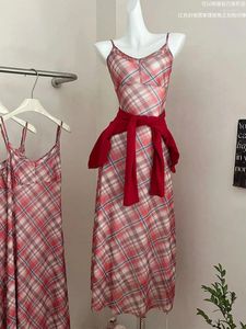 Повседневные платья японская уличная одежда красная клетчатая спагетти для ремня рукавов элегантные сексуальные женщины-линия женщины хараджуку халат формальный случай