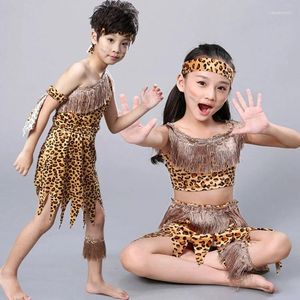 Sahne Giyim Çocuklar vahşi mağara adamı kostümleri çocuk leopar Afrika kabile kıyafetleri kız performans cosplay elbise için