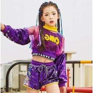 Stage Wear Girl Caz Sequin Dance Costume Girls için 3pcs Set Children Street Hip Hop