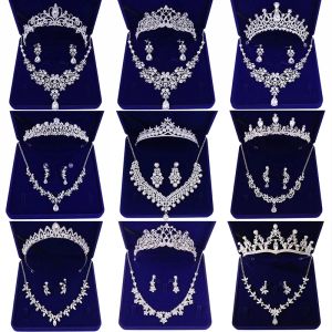 Colares Moda de jóias de jóias de zircão Conjuntos de jóias de casamento Colar de coroa de casamento com brincos Pin Pearl Crystal Tiara e coroas Ornamentos de cabelos Mulheres