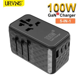 Chargers urvns 100W evrensel seyahat adaptörü gan fast charger e au us us uk fiş dünya çapında 3 usbc, 1 usba dizüstü bilgisayarlar için telefonlar ipad