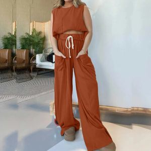 Vintage Solid Color Straight Summer Summer Hollow Hollowless Loose Sportfits Casual Oneck Top Long Pants Long Set 240411