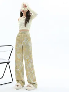 Женские джинсы Streetwear Stresswear Стиль цветочный принт прямой винтаж с высокой талией широкие брюки с джинсовой ткани Y2K Y2K