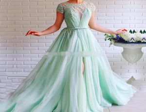 Mint Green Prom Dress crew Cap short Sleeves side slit Beaded with Pearls ALine Tulle Sashes Backless Long Formal Evening Gown fo3186941