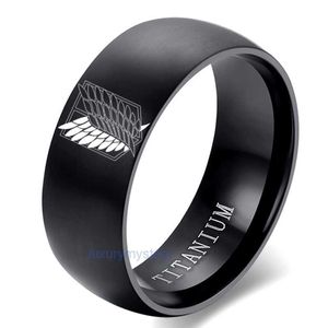 8mm Saldırı Titan Black Sliver Paslanmaz Çelik Yüzük Özgürlük Kanatları Erkekler İçin Bayrak Finger Yüzük Kadın Mücevher Anime Fanlar 220719