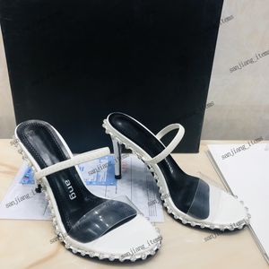Clear pvc terlik kadın nova kristal süslemeli sandalet yüksek topuklu slingback tasarımcı pompa yaz ayakkabıları saten saplama slaytlar praty düğün markası stiletto ayakkabı 2024