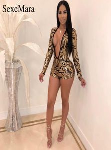 Anjamanor Women Club Party Sexy Romper Jumpsuit Black Mesh Gold Sequin с длинным рукавом Deep V короткие комбинезоны Bodycon D41AG2560756511