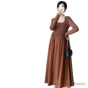 Annelik Elbiseleri 2024 Bahar Hamile Elbise Düz Renk Uzun Kollu Kare Kare Hamile Kadınlar Zarif Elbise Gebelik Partisi Elbise Toptan