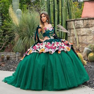 Meksika Emerald Yeşil Parlak Quinceanera Elbiseler Renk 3D Çiçek Aplike Doğum Günü Prenses Resmi Tatlı 15 16 Balo Gowns Vestidos XV