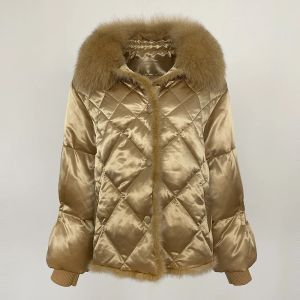 OFTBUY 2024 Big Fox Fur yaka Yeni Kış Kadınlar Saten Gerçek Doğal Mink Ördek Aşağı Ceket Kadın Kısa Kısa Gevşek% 90 Coat Giyim