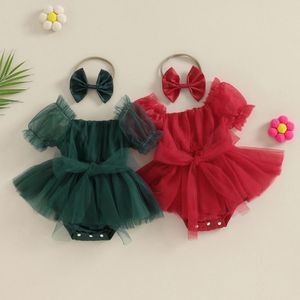 Rompers Princesa Vestido de festa de Natal para meninas garotas Bowknot Mesh Romper Kids Kids Short Sleeve Tulle Macacion com bandana