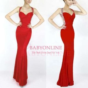 Kırmızı Prom Seksi Denizkızı Spagetti Kayışları Spandeks Boncuklu Sırtsız Uzun Resmi Parti Elbiseleri Akşam Elbise CPS