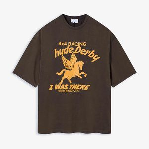 24SS ABD tarzı sinek at mektupları baskılar gevşek tişört yıkanmış vintage tasarımcı tişört bahar yaz gündelik moda kaykay erkekleri kadınlar Tshirt 0410