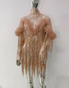 Повседневные платья 2024 прибытие мода женщины с длинным рукавом сексуальные сетки блестки с кисточкой Bodycon Mini Girls вечеринка по случаю дня рождения.