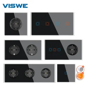 Приводы Viswe Eu Standard Touch Switch и розетка 220V 16A черный полный зеркальный кристалл из закаленной стеклянной панели Электрические розетки