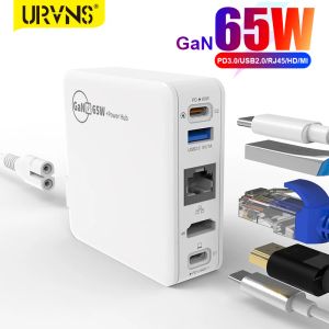 Зарядные устройства Urvns Gan 65W Past Charger Portable 5 в 1 Docking Station с Ethernet/PD3.0/USB2.0/HDMICATALIBLE 4K для телевизионных ноутбуков ноутбука