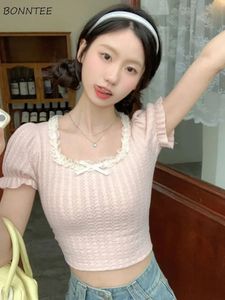 Puflu manşon tişörtler kadın dantel tasarım tasarımı Kore tarzı yaz tatlı ince mahsul üstleri mizaç gündelik şık all-maç moda 240416