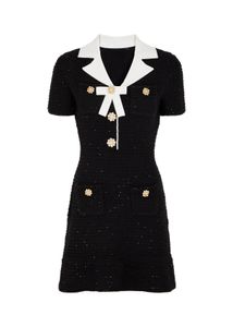 Bahar Yaz Siyah Kontrast Renkli Şerit Bowknot Elbise Kısa Kollu Çentikli-Lapel Tüvit Panelli Tek Göğüslü Günlük Elbiseler Y4A26243M