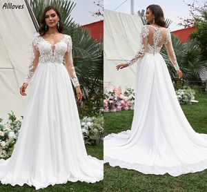 Artı Boyut Boho Şifon Bir Çizgi Uzun Kollu Dişli Elbiseler V Boyun Dantelli Aplike Zarif Gelin Gowns Modern Arka Düğmeler Uzun Tren Gelin Cüppeler De Mariee Cl3839