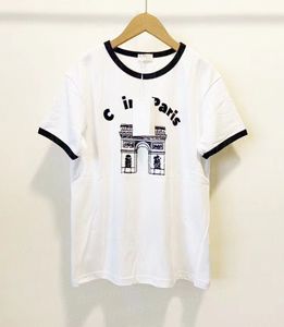 T-shirt de designer de moda de verão feminino lazer esportes paris torre flocking bordado impressão letra de mangas curtas tops