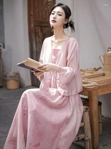 Sıradan Elbiseler Han Çin Giyim Cheongsam Dresswomen'in Pembe gevşek hırka takım elbise Şık Chinesestyle Pamuk ve Keten Springsummer