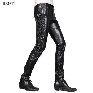 Pants Idopy Özel Erkek Sıska Sahte Deri Pantolon Kişilik Steampunk Black Lace Up Biker Gotik Pantolon Erkek