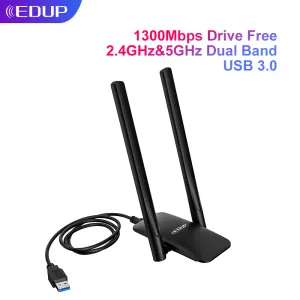 Карты Edup 1300 Мбит / с USB Wi -Fi Adapter 2.4G5.8G Беспроводная сетевая карта с кабелем USB3.0 2*6DBI Антенны Бесплатный адаптер Ethernet