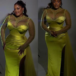 Siyah kadınlar için sarı denizkızı balo elbisesi boncuklu yüksek boyun uzun kollu resmi elbiseler akşam Afrika pileler bölünmüş artı boyutu resmi elbiseler
