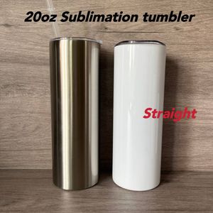 Plastik Saman Kapağı ile 20oz Düz Skinny Tumbler Boş Süblimasyon Tumbler Çift Duvar Vakum Yalıtımlı Seyahat Kupaları Diy Bira Kahve Kupaları