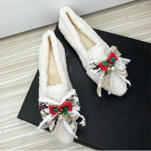 Sıradan Ayakkabı Beyaz Kış Kışlı Kar Tanesi Bell Bow Tie Kadınlar Düz Zapatos De Mujer Gösterdi Kadife Lolita
