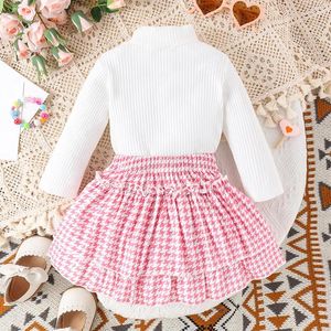 Giyim Setleri Toddler Girl Fall 2pcs Kıyafet Uzun Kollu Yüksek Boyun Üstleri Houndottooth Desen Desenli A-line etek