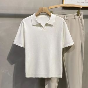 Mensual casual de luxo de luxo camisa de lazer de lazer de lazer sólido vneck de manga curta para homens malhas de moda respirável 240426