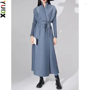 Sıradan Elbiseler Yudx Miyake Maxi Plealed Elbise Kadınlar İçin Uzun Kollu Toplandı Bel Kuşağı Kadın Üst Son Moda Giyim 2024