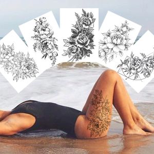 Книги сексуальные цветочные временные татуировки для женщин боди -арт живопись рукой ноги татуировки наклейка Реалистичные фальшивые черные розовые водонепроницаемые татуировки