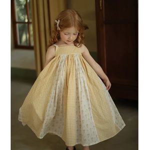 Koreli Yaz Kızlar Elbise Çocuk Pamuklu Ekose Midi Elbise Bebek Çocuk Giyim Sevimli Çiçek 240418