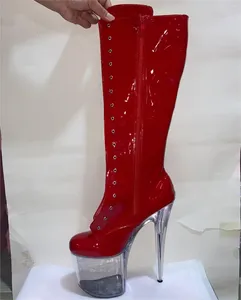 Сапоги 8 дюймов высотой женский каблук, сделанный из модного материала PU, сексуальные и великолепные кружевы с хрустальной подошвой