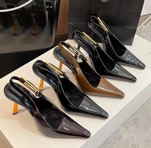 Siyah sivri yüksek topuklu yality kadın ince topuklu moda tasarımcısı yeni stil zarif ve sofistike patent deri seksi tek ayakkabı fransız sandalet
