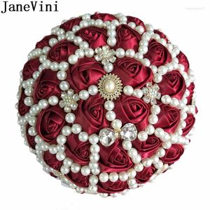 Hochzeitsblumen Janevini Luxus Flores Burgund Bridal Pearl Bouquets Perlen Satin Rose Ribbon Künstliche Braut Bouquet Blume Custom