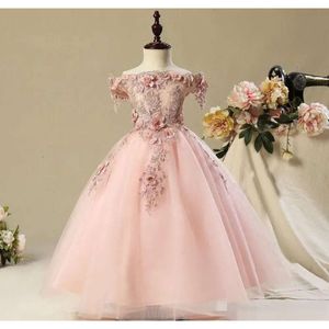 Girls' Flower Pink Dresses Applique 3D Floral Off The Shoulder Beaded Lace Tulle Floor Length Custom Made Kids Birthday Party Princess Gown