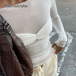 Maemukilabe şık kadın korse tişört zarif bayan bahar kapalı omuz ince fit tees y2k peri bitki üstleri vintage sokak kıyafetleri 240424