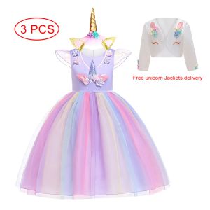 Elbiseler Çocuk Unicorn Elbise Ceket Seti Kız Gökkuşağı Örgü Prenses Elbiseler Çocuk Festivali Performans Giysileri Kız Doğum Günü Partisi
