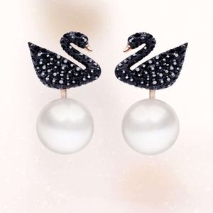 Swarovski Gümüş İğne Gelişmiş Sense Black Swan Tassel İnci Küpe Kadın Kristal Geri Asma Hediyesi