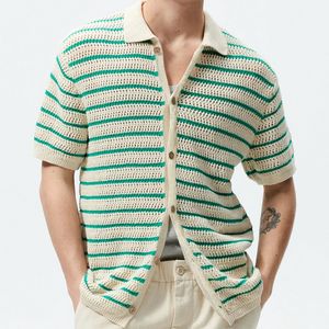 Roupas de verão masculino leve camisa de malha de luxo casual vintage butão listrado manga curta lazer de lazer 240426