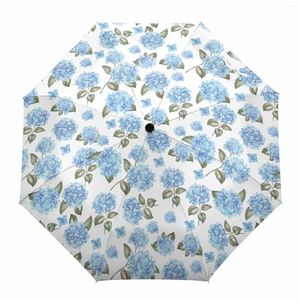 Şemsiye Suluboya Çiçek Mavi Hydrengea Otomatik Şemsiye Seyahat Katlanır Portatif Parasol Rüzgar Geçirmez