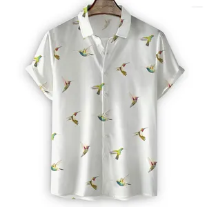 Erkekler Sıradan Gömlek Beyaz Serisi Moda Kuş Desen 3D Baskı Düğmesi Kızık Gömlek Kısa
